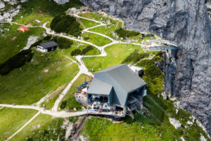 Alpspitze Peak with Osterfelderkopf Peak, Alpspitzbahn Mountain Station and AlpspiX Lookout Platform, paragliding launch site, aerial photo, Garmisch-Partenkirchen, Bavaria, Germany Alpspitze Peak with Osterfelderkopf Peak, Alpspitzbahn Mountain Station and AlpspiX Lookout Platform, paragliding launch site, aerial photo, Garmisch-Partenkirchen, Bavaria, Germany